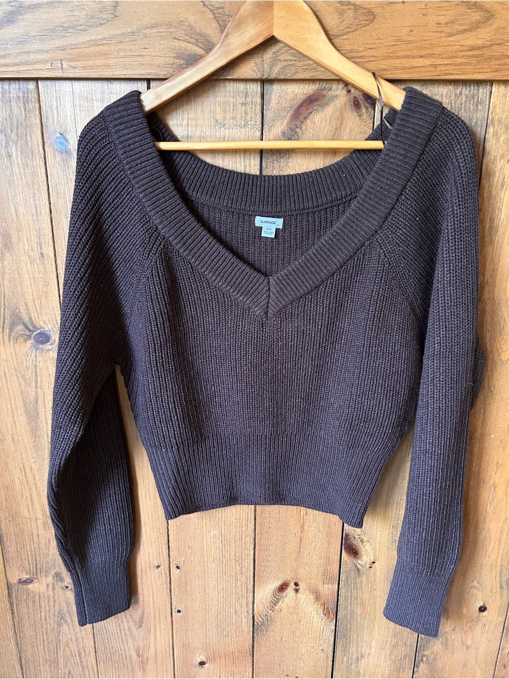 Garage Women's Dark Brown V-Neck Ribbed Knit Sweater